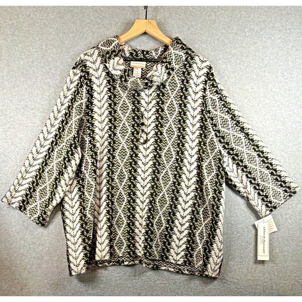 Alfred Dunner Jet Setter 3/4 Sleeve Round Neck Knit Top in Black/White - 3X